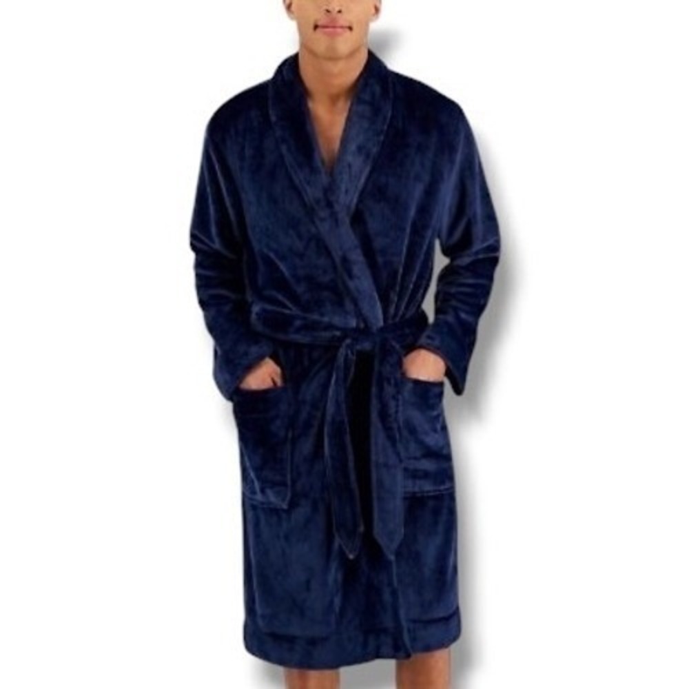 Club Room Robe Men's Navy Blue Fleece Plush Shawl Collar Size L/XL Small Medium
